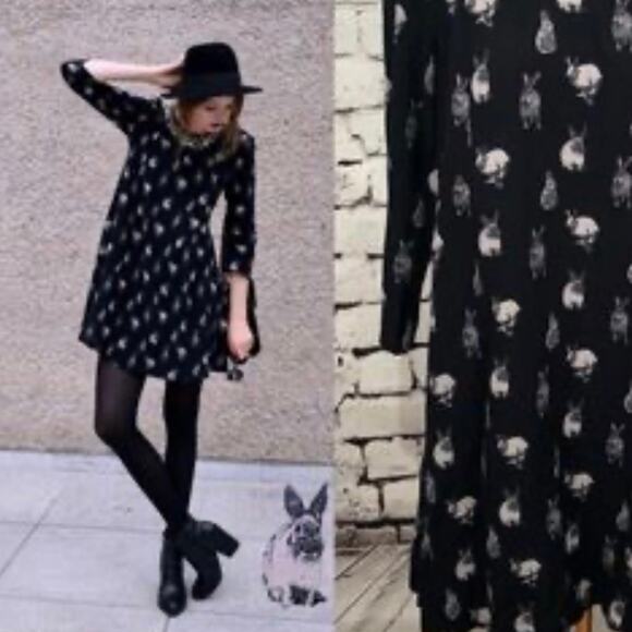 H & M SZ 4 Rabbit Bunny Print Black Dress - Picture 1 of 9